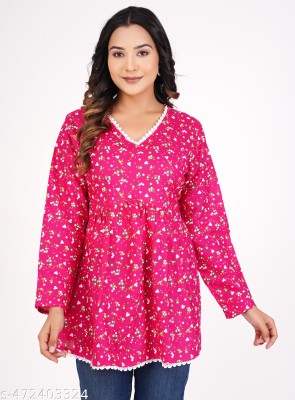 choudhary enterprises Women Printed Flared Kurta(Pink)