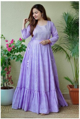 Daizen Women Embroidered Anarkali Kurta(Purple)