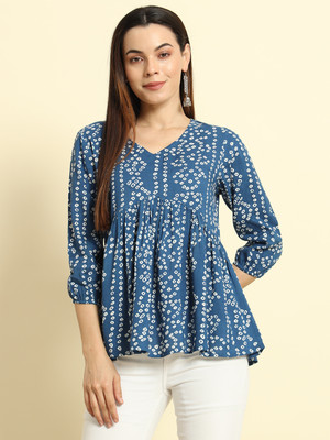 Gulmehendi Women Floral Print Flared Kurta(Dark Blue)