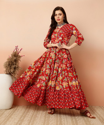 Sa Rasa Women Printed Anarkali Kurta(Maroon)