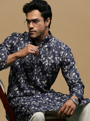 Sanwara Men Printed Straight Kurta(Blue)