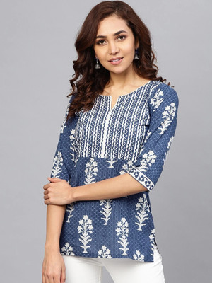 KANCH CREATION Women Printed Straight Kurta(Blue, White)