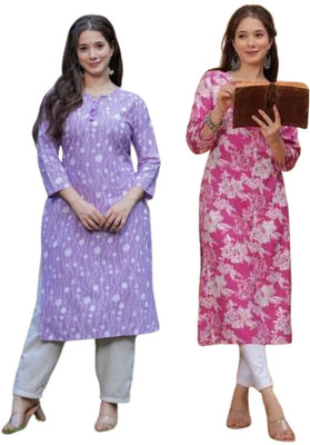 Anmi Printed Women Straight Kurta(Purple, Pink)