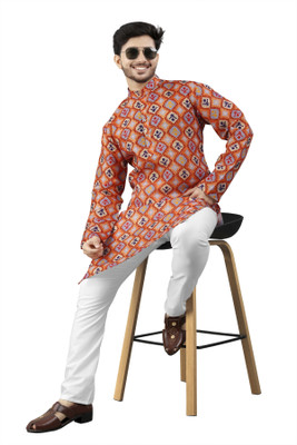 DHASU TRENDZ Men Printed Straight Kurta(Orange, Multicolor)