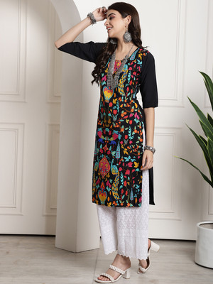 1 Stop Fashion Women Printed Straight Kurta(Black)