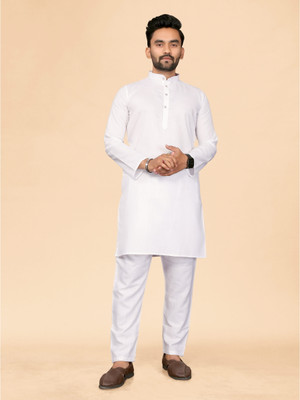 ANAND Men Solid, Self Design A-line Kurta(White)