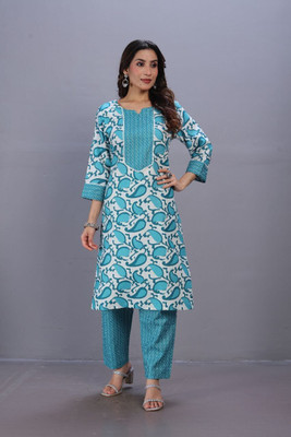 SANTPRERANA Women Floral Print, Printed A-line Kurta(Blue)
