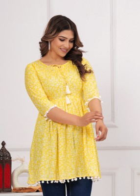 METAFAB Women Printed Flared Kurta(Yellow)