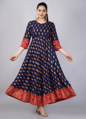 Moda Rapido Women Printed Anarkali Kurta(Blue)