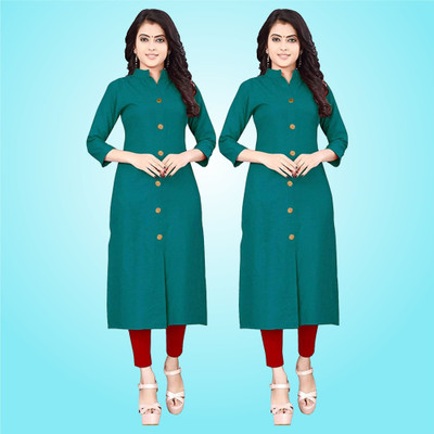 wini krafts Women Self Design A-line Kurta(Green)