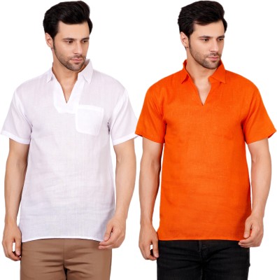 AXOLOTL Men Solid Straight Kurta(White, Orange)