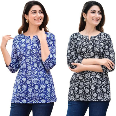 GURUFASHIONS Women Printed Straight Kurta(Blue, Black)