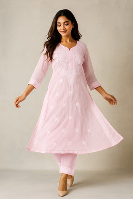 VELORA Women Embroidered A-line Kurta(Pink)