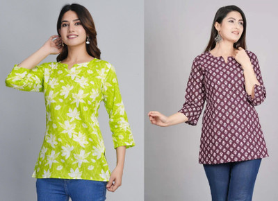 ARZOO Women Floral Print Flared Kurta(Green, Maroon)