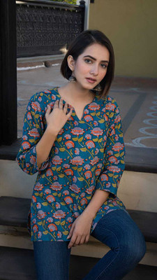 AGOKA Women Printed Straight Kurta(Dark Blue)