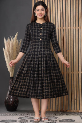 BELLNOW Women Printed Flared Kurta(Black)