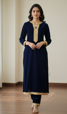 ETHNOQU Women Solid, Embroidered Straight Kurta(Dark Blue)