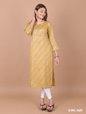 VAIMANIK Women Printed, Embroidered Straight Kurta(Yellow)