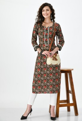 AnjuShree Choice Women Printed Straight Kurta(Brown)