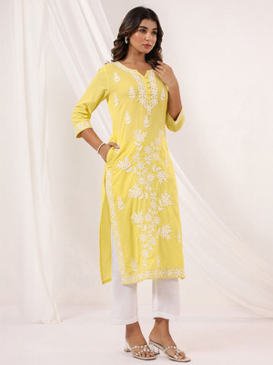 Janasya Women Embroidered Straight Kurta(Yellow)