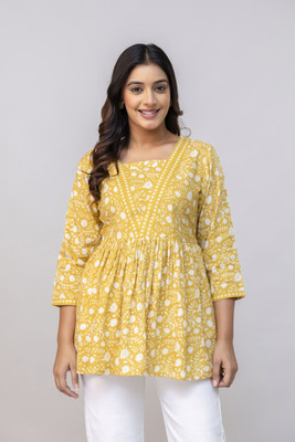 Niharika Creation Women Floral Print Flared Kurta(Yellow)