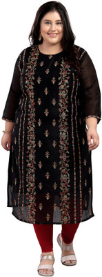 TattvaLoom Women Embroidered Straight Kurta(Black)