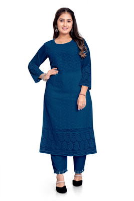ZAZADIYA Women Chikan Embroidery Straight Kurta(Dark Blue)