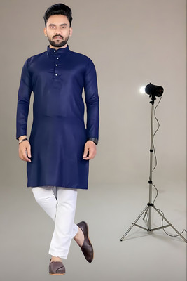 VyomCreation Men Solid Straight Kurta(Dark Blue)