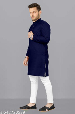 VyomCreation Men Solid Straight Kurta(Dark Blue)