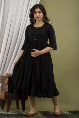 GXS Women Self Design Gown Kurta(Black)