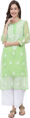 Mrs Right Women Chikan Embroidery A-line Kurta(Light Green)