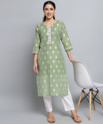 VredeVogel Women Embroidered Straight Kurta(Light Green)