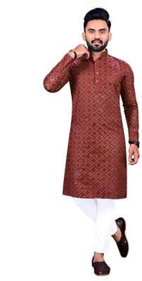 SVATVA Men Embroidered Straight Kurta(Brown)