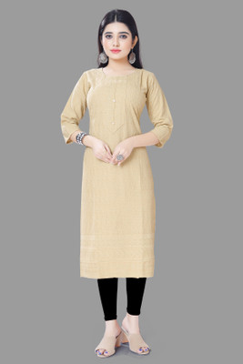 v naitikkumar Women Self Design Straight Kurta(Beige)