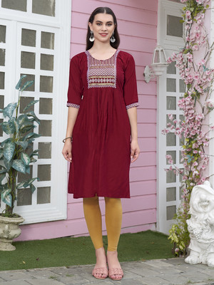 ANOUK Women Embroidered A-line Kurta(Maroon)