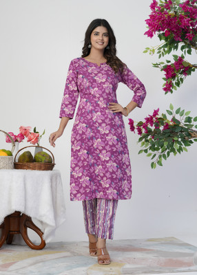 sanjarifashion Women Floral Print Straight Kurta(Purple)