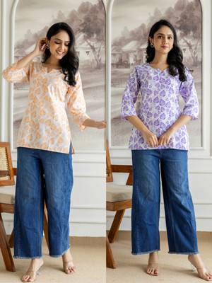 Subhan Textiles Women Printed Straight Kurta(Orange, Purple)