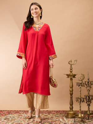 Globus Women Embroidered A-line Kurta(Red)