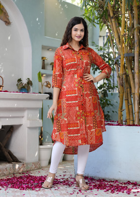 CHARVI CREATION Women Printed High Low Kurta(Orange)