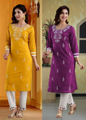 SISTO Women Chikan Embroidery Straight Kurta(Yellow, Purple)