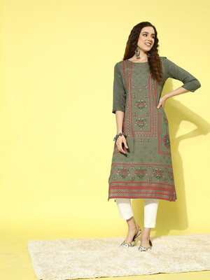 all about you Women Printed Straight Kurta(Green)