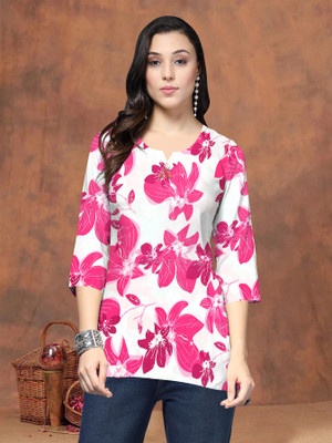 STERLINGTEXTILE Women Floral Print, Printed Tunic Kurta(Pink, White)