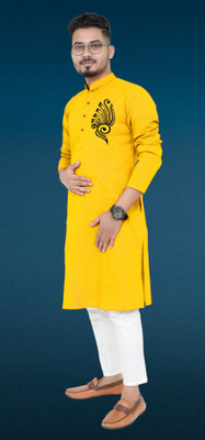 Mamta fab Men Printed Straight Kurta(Yellow)