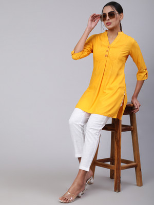 Jaipur Kurti Women Solid Flared Kurta(Yellow)