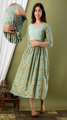 R D Women Printed Gown Kurta(Green)