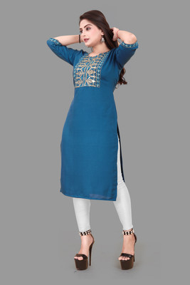 RIDDHI COLLECTION MALL Women Embroidered A-line Kurta(Blue)