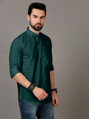 krishu Men Solid Straight Kurta(Green)