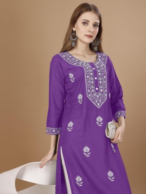 aaliya fashion Women Chikan Embroidery A-line Kurta(Purple)