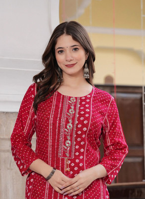 Nawalsa Women Bandhani Straight Kurta(Red)