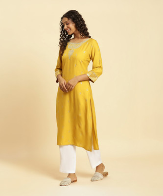 W Women Floral Print Straight Kurta(Yellow)